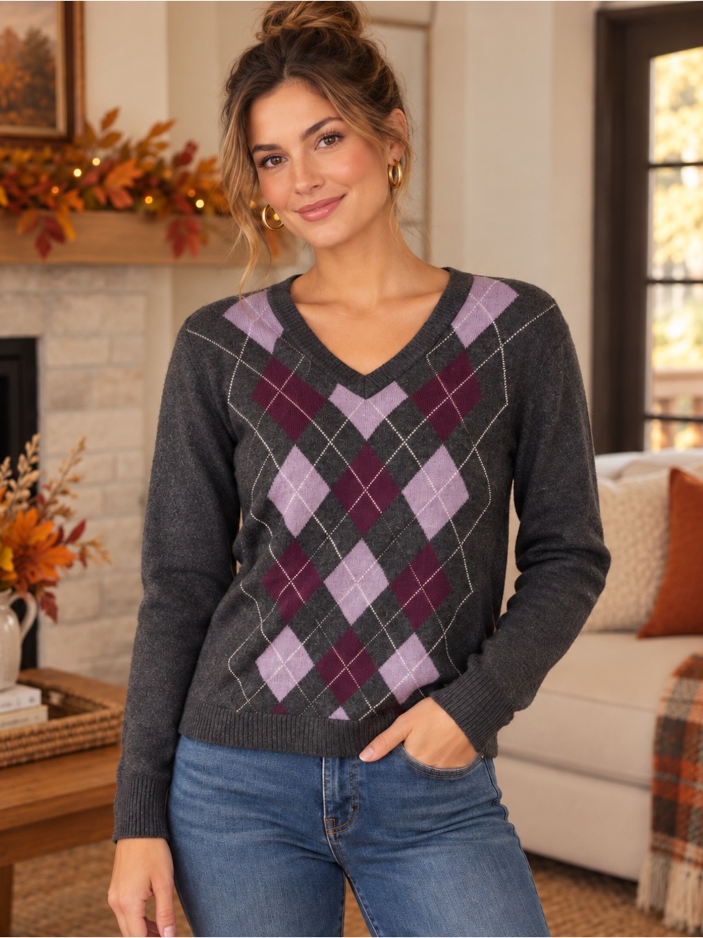 Merona Women's Charcoal V-Neck Argyle Sweater with Purple Accents